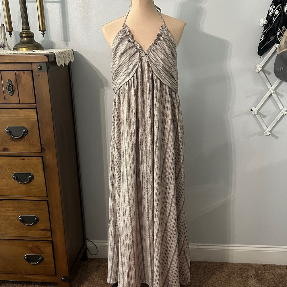 SHEIN Halter Neck Maxi Dress in Black and White Stripes
